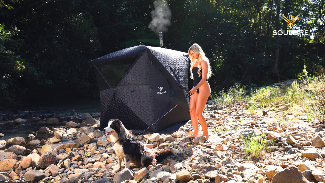 Soulfire portable woodfired sauna outdoors in Australia with steam and high heat